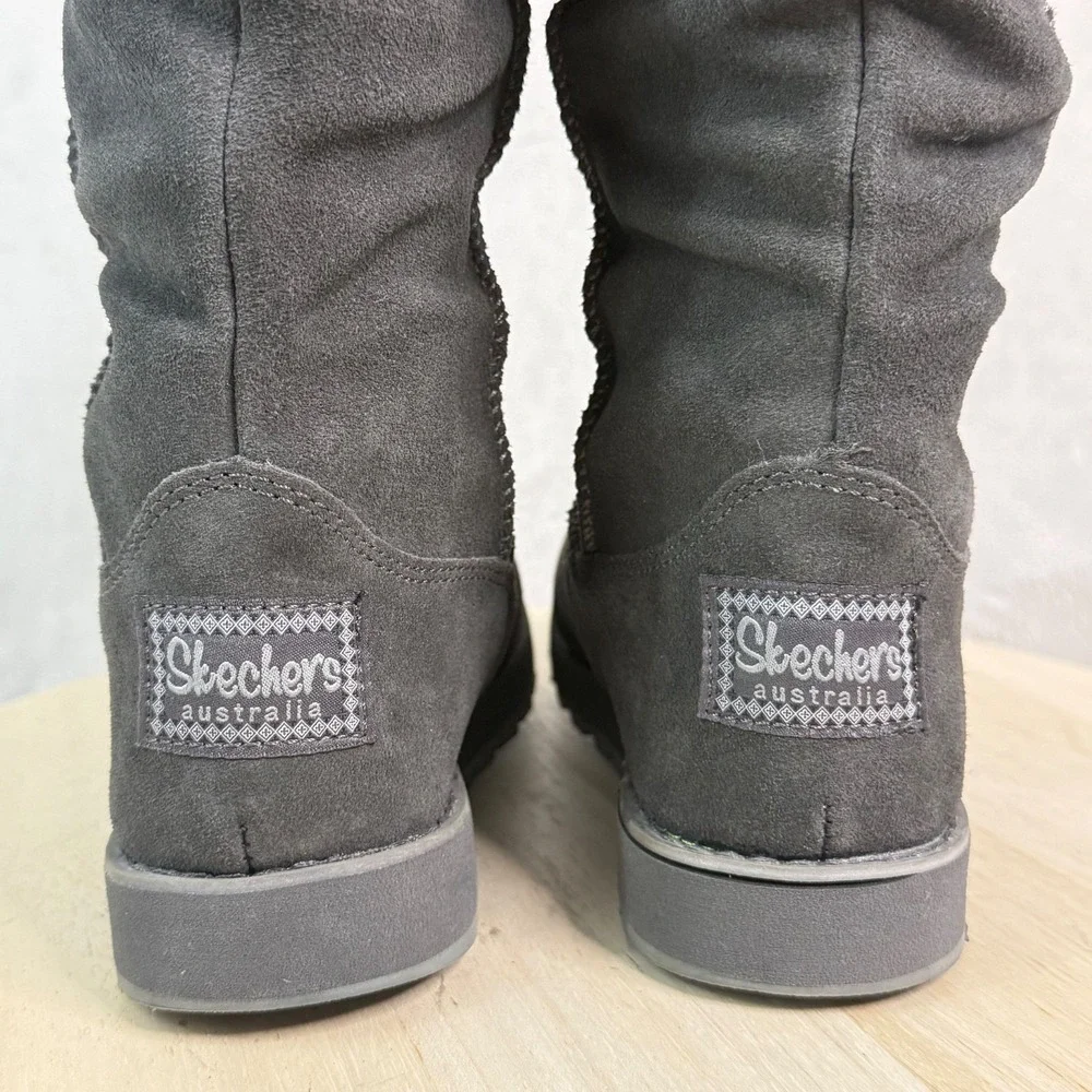 SKECHERS Women's Boots Sz 5 Suede Keepsakes Freezing Point Slouch Faux Fur Shoes